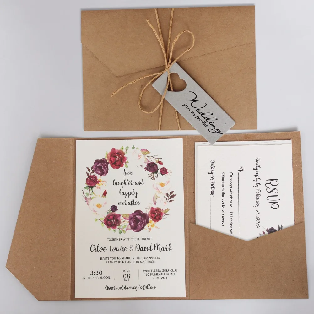 

Vintage Pocket Wedding Invitations, Rustic Invitation Cards Customized Wedding Invited, With Kraft Paper Envelope - set of 50