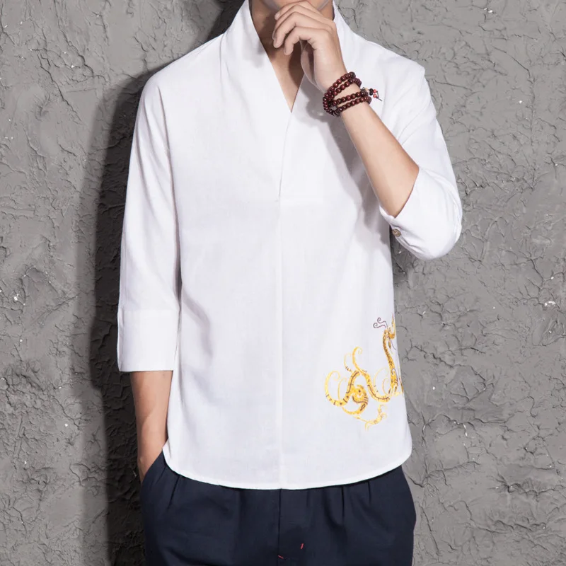 Men Cotton Linen Pullover Shirts Long Sleeve Chinese Style Loose Kung Fu Custume Tai Chi Suit Retro Embroidered Tang TS-330 | Мужская
