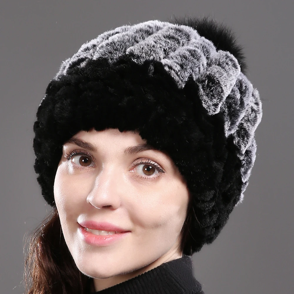 DIY хорошо тянутся натуральный шапка из меха кролика Рекс женская зимняя теплая