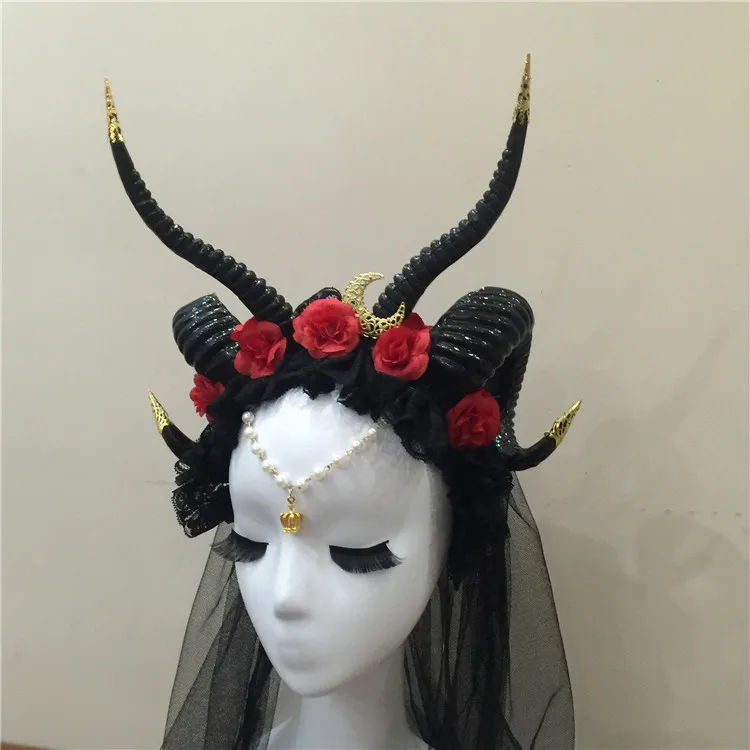 Gothicpunk Ram ободок с рогом Луной стимпанк аксессуары для волос козий Рог оголовье