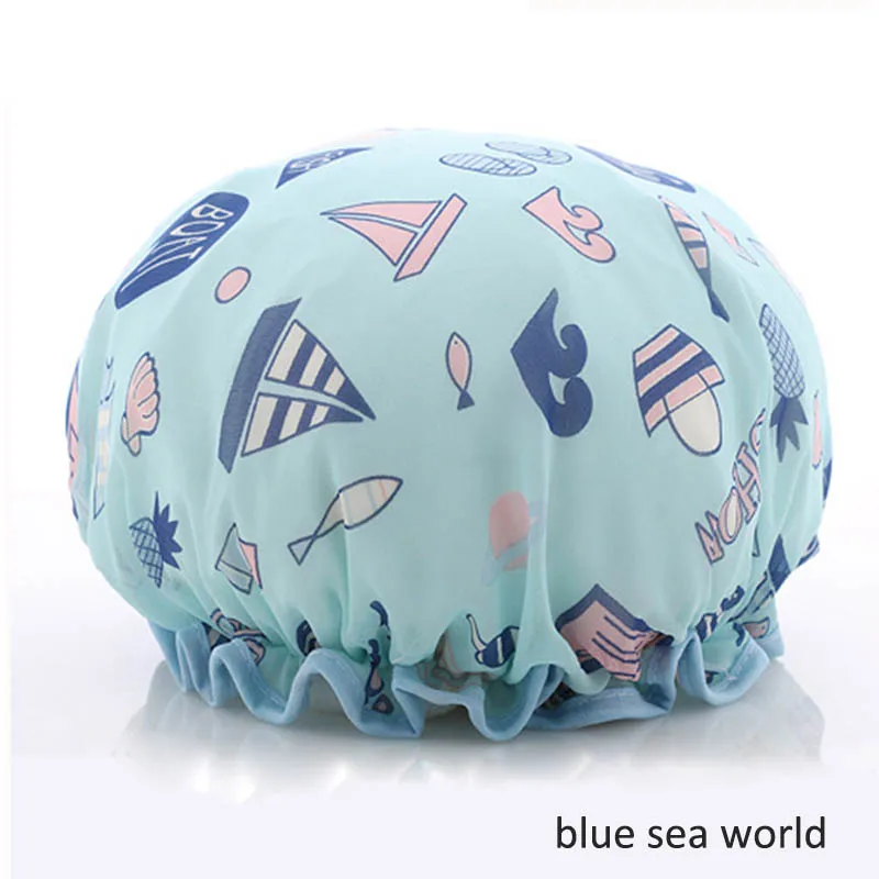 blue sea world Толстая 1 шт. водонепроницаемая шапочка для ванной, двойной слой, покрытие для волос для душа, женские принадлежности, шапочки для душа, аксессуары для ванной комнаты - Цвет: blue sea world