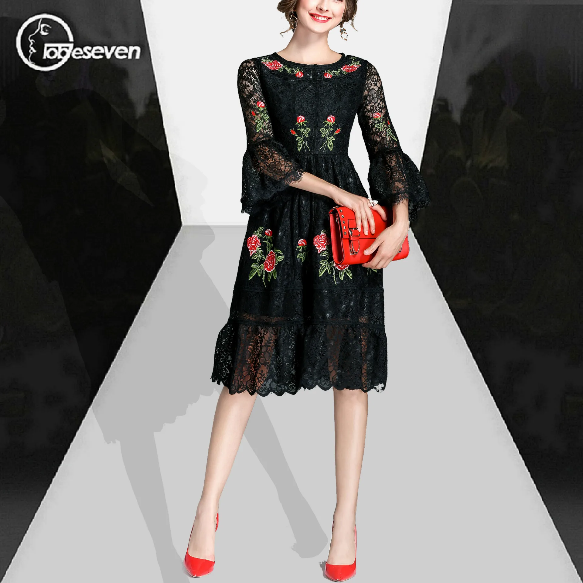 2017 Autumn New Women Clothing High Quality Runway Hollow Out Patchwork Embroidery Black Dress | Женская одежда