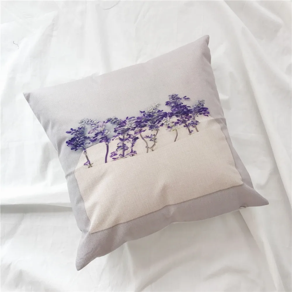 Lavender Cushion Cover Violet Flowers Printed Linen Cotton 45X45cm PillowCases Valentine's Day Gift Home Decor SMC1793T-90 | Дом и сад
