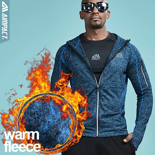 Fleece Blue AIMPACT Спортивные Компрессионные куртки Кроссфит фитнес с длинным рукавом рубашки для тренировок Gymi бег светоотражающие спортивная одежда пальто AM4027 - Цвет: Fleece Blue