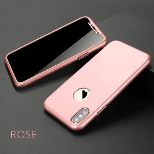 Smooth Rose Gold 360 градусов чехол для телефона для iPhone XS Max 6 7 8 плюс Чехол с защитным закаленным Стекло для iPhone X 8 7 6 чехол s спереди и длинное сзади полное покрытие чехол - Цвет: Smooth Rose Gold