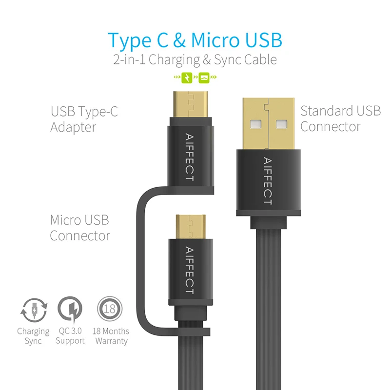 AIFFECT Micro usb type C USB 2 в 1 кабель синхронизации Быстрый заряд кабеля для