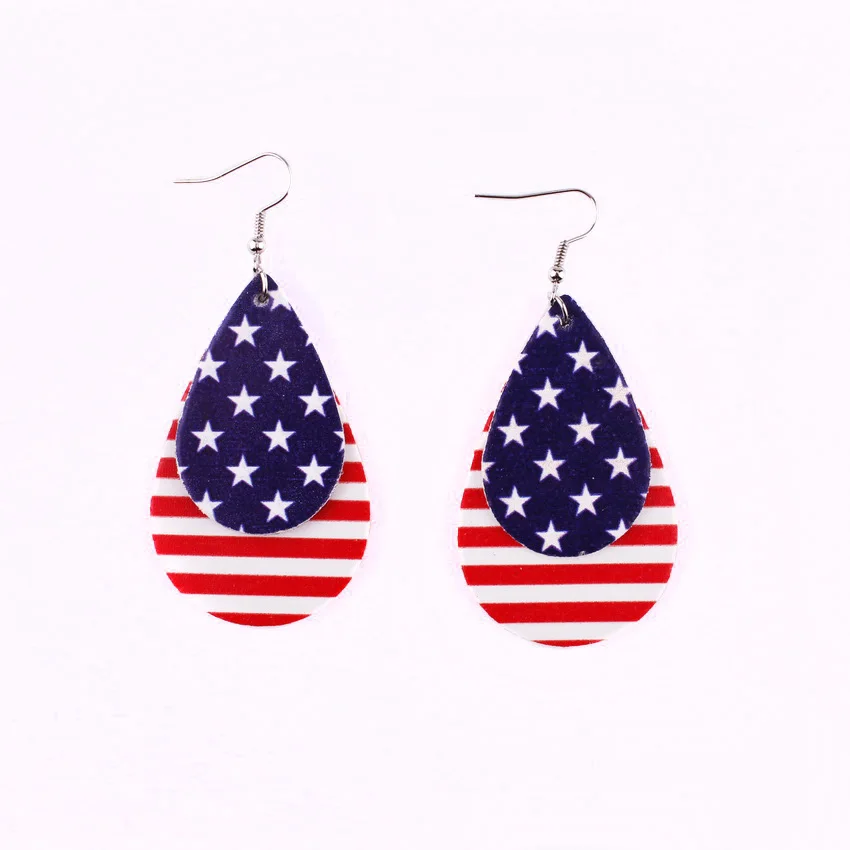 

Independence Day American Flag US Stars and Stripes PU Leather Round Leaf Teardrop Dangle Drop Earrings for Women Jewelry