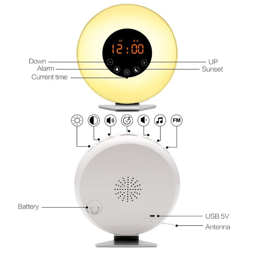 Светодиодный цифровой будильник восхода моделирования Wake Up Light fm Радио сенсорный