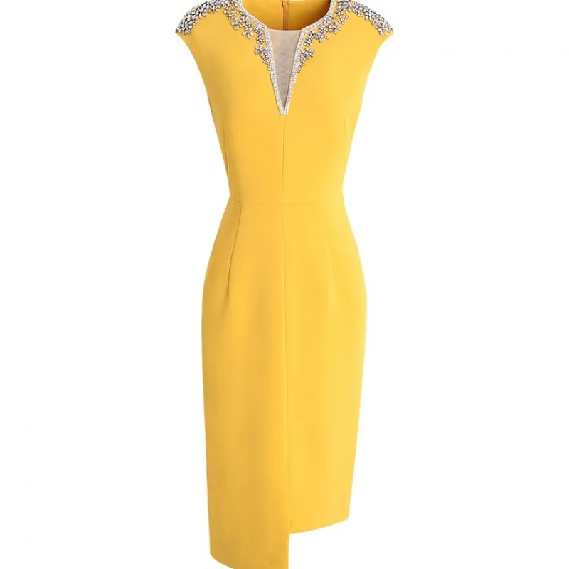 Luxury Crystal Beaded Design Summer Dress 2020 Elegant Lady Party Business Dinner Pencil Women Knee-Length Office Dresses | Женская