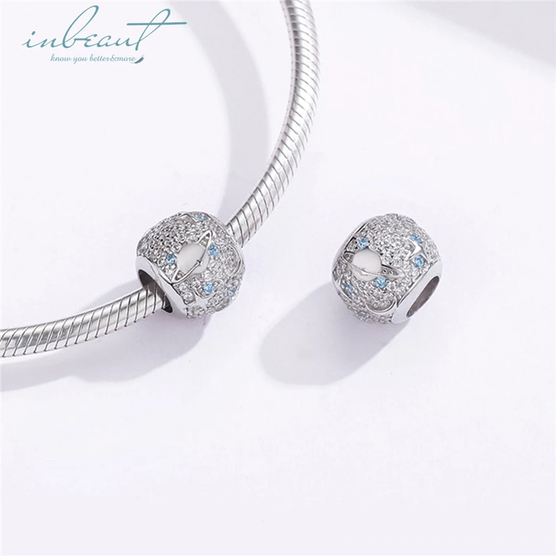 Inbeaut Горячая стерлингового серебра 925 Круглый Синий CZ fit Pandora браслет галактика луна бусины для браслет «сделай сам» Изготовление ювелирных изделий