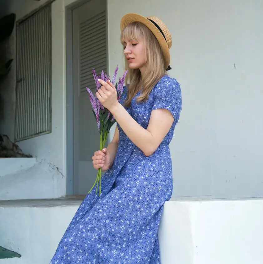 2019 Spring Summer Women Purple Floral Dress V-neck Short Sleeves Vintage Split Long robe femme | Женская одежда