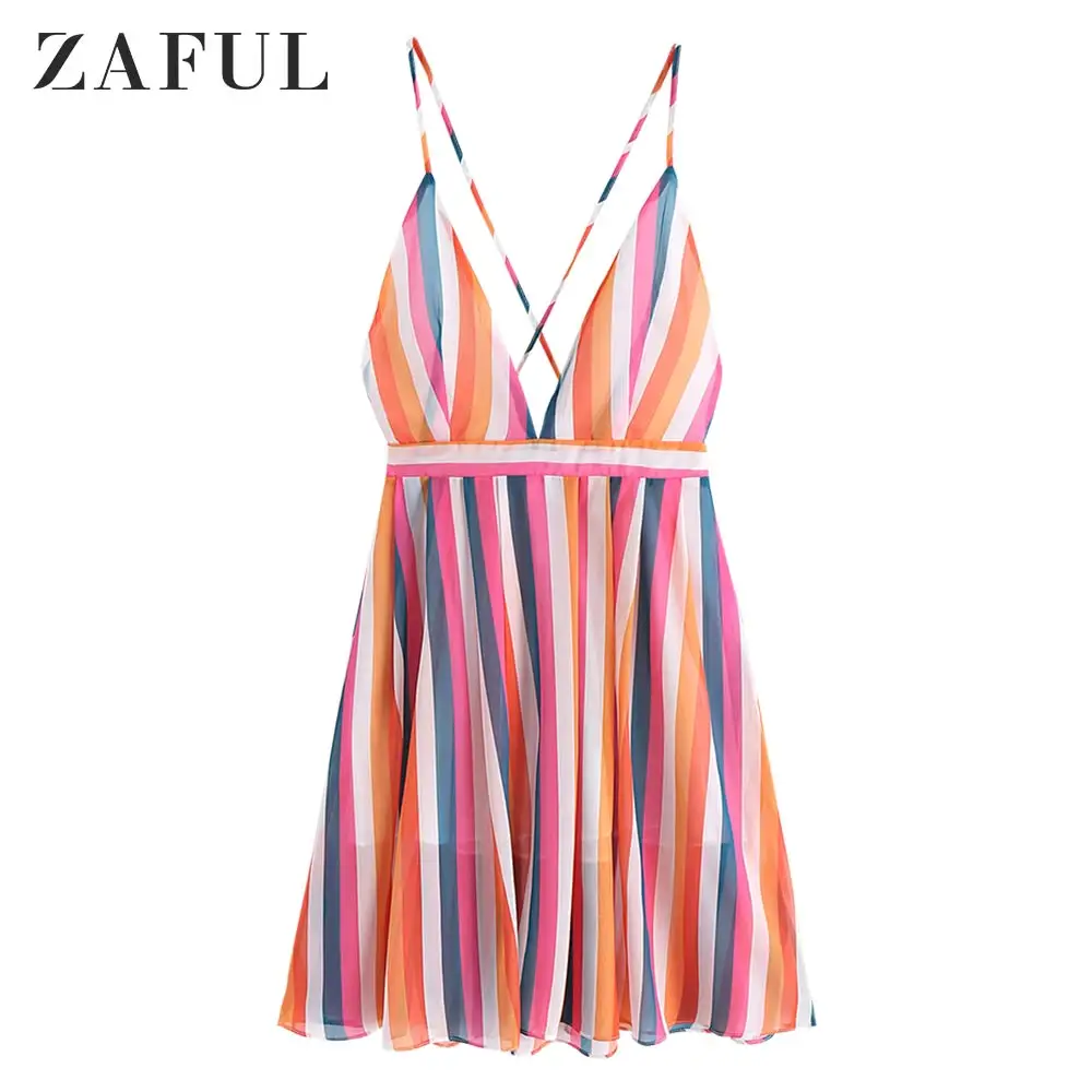 Женское платье без рукавов ZAFUL разноцветное в полоску на бретельках с