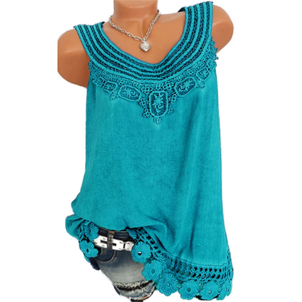 lake blue Summer Women Lace Flower Loose Sleeveless Tank Top Elegant Casual Plus Size S-5XL O-Neck T-shirt Female Solid Camisole Tops - Color: lake blue