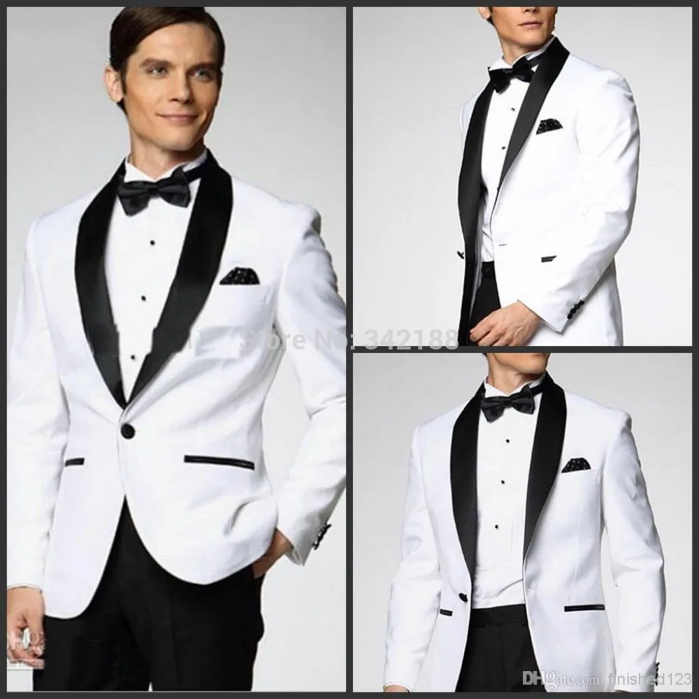 

FREE !White Jacket With Black Satin Lapel Groom Tuxedos Groomsmen Best Man Suit Men Wedding Suits (Jacket+Pants+Bow Tie+Girdle)