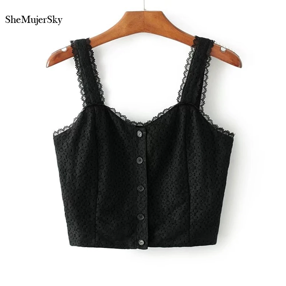 

SheMujerSky Women Lace camis Sleeveless Camisole Bralet Bustier Buttons Short Crop Top Tanks Brief Vest T-shirts Tee