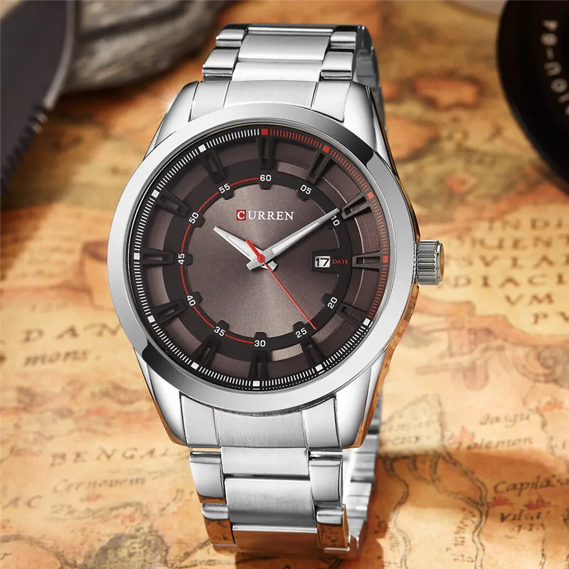 

CURREN Silver Stainless Steel 3D Calendar Dial Display Mens Military Business Quartz Wrist Watches Top Brand Luxury Montre Homme