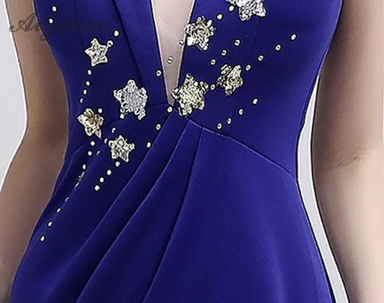 V образным вырезом Длинные Cheongsam синий современный китайский вечернее китайское платье-Ципао модные, пикантные высокие Разделение юбка вечерние платья Qi Pao Для женщин халат