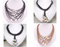 15 rows natural white pink purple teardrop pearl pendant necklace 18 jewelry black brown leather choose