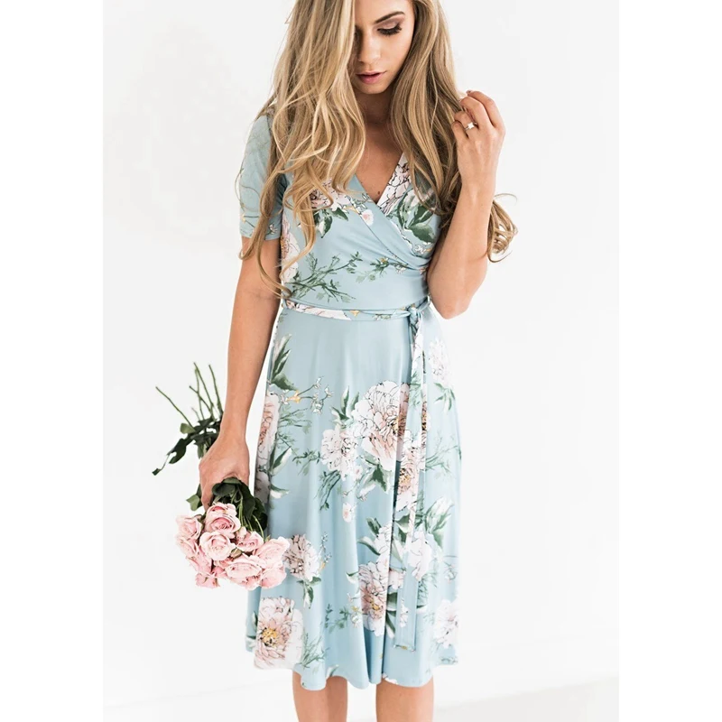 

NEW Hot Sale Women's Summer Bohemian Floral V-Neck Loose Empire Short Sleeve Fashion Casual Belted Dress Midi Sundress Dresses