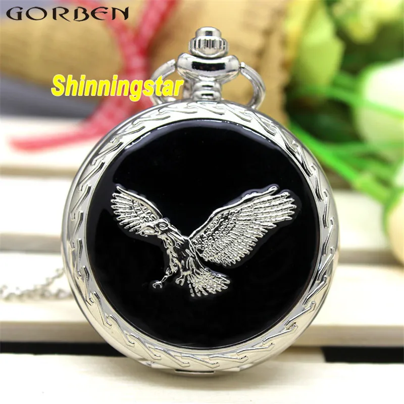 Изысканные серебряные кварцевые карманные часы с крыльями орла гладкое ожерелье