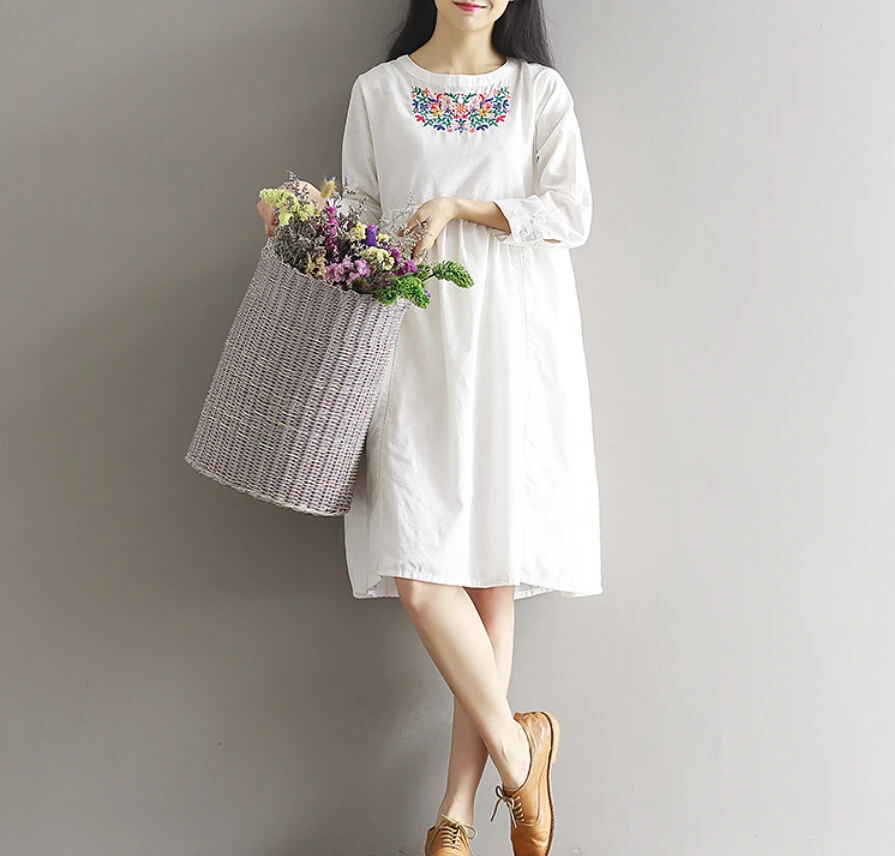 Pregnant Women's Embroidery Fluid Dress Female Autumn and Spring Loose Long-Sleeve Basic White Maternity dress | Мать и ребенок