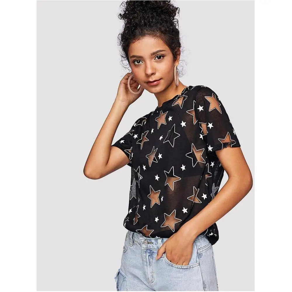 SanHuaZ 2019 Summer Women's T-shirts Tops Casual Beach O-neck Short Sleeve Star Gauze Slim Women | Женская одежда