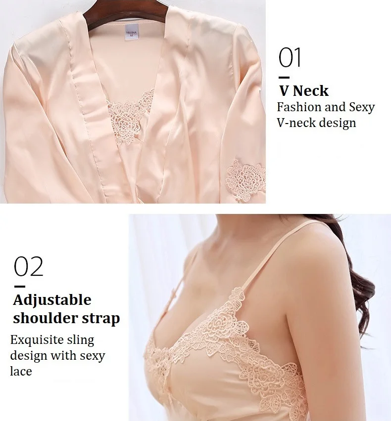 Комплект из 2 предметов женский шелковый халат сексуальный кружевной атласный