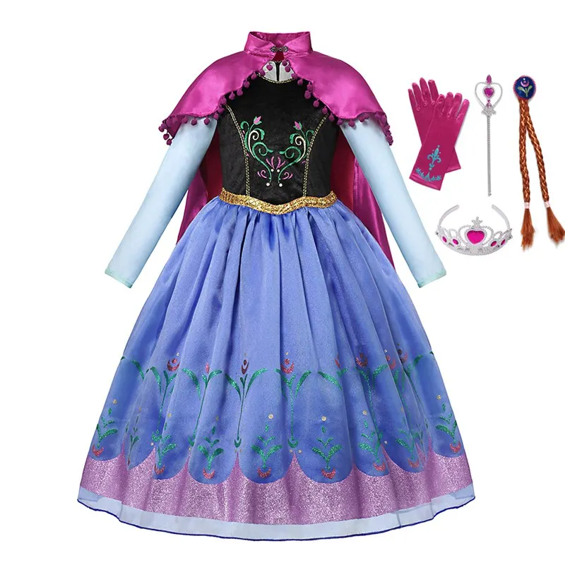 Anna Dress Set MUABABY/нарядное платье «Эльза», «Анна», «Делюкс», с длинными рукавами, с блестками, «Снежная королева», нарядный костюм принцессы, детский длинный плащ, Пышное Платье - Цвет: Anna Dress Set