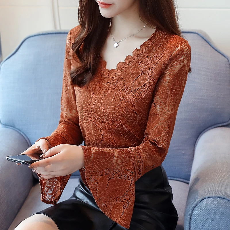 130# Autumn Clothing Horn Sleeve Hook Flower Hollow Lace Long Woman Blusas Femininas Blouse 2 Pieces Vadim Tops Womens |