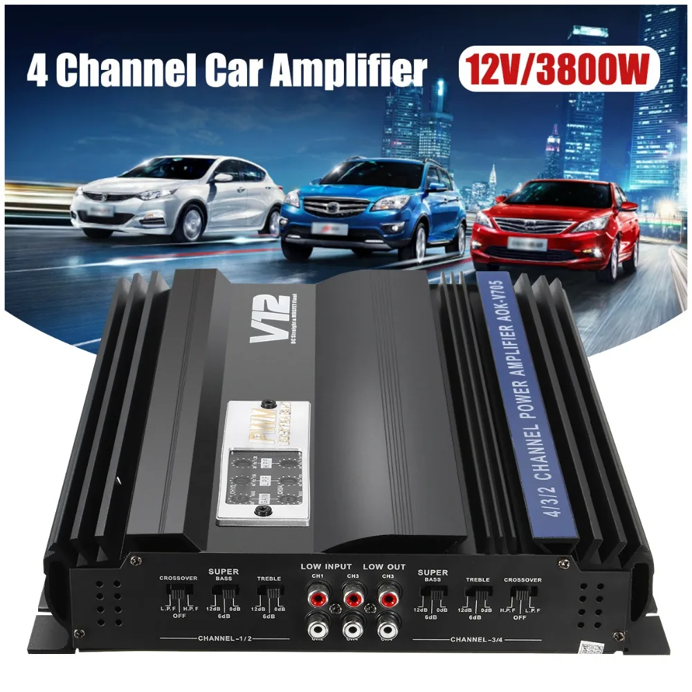 KROAK 3800 Вт RMS 4 канала 12 В усилитель аудио bluetooth автомобильный аудио стерео усилитель динамик металлический автомобильный усилитель автомобильный сабвуфер