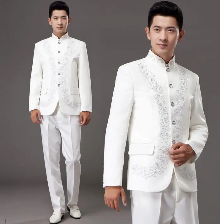Мужской костюм с вышивкой белый приталенный китайский туника воротником стойкой