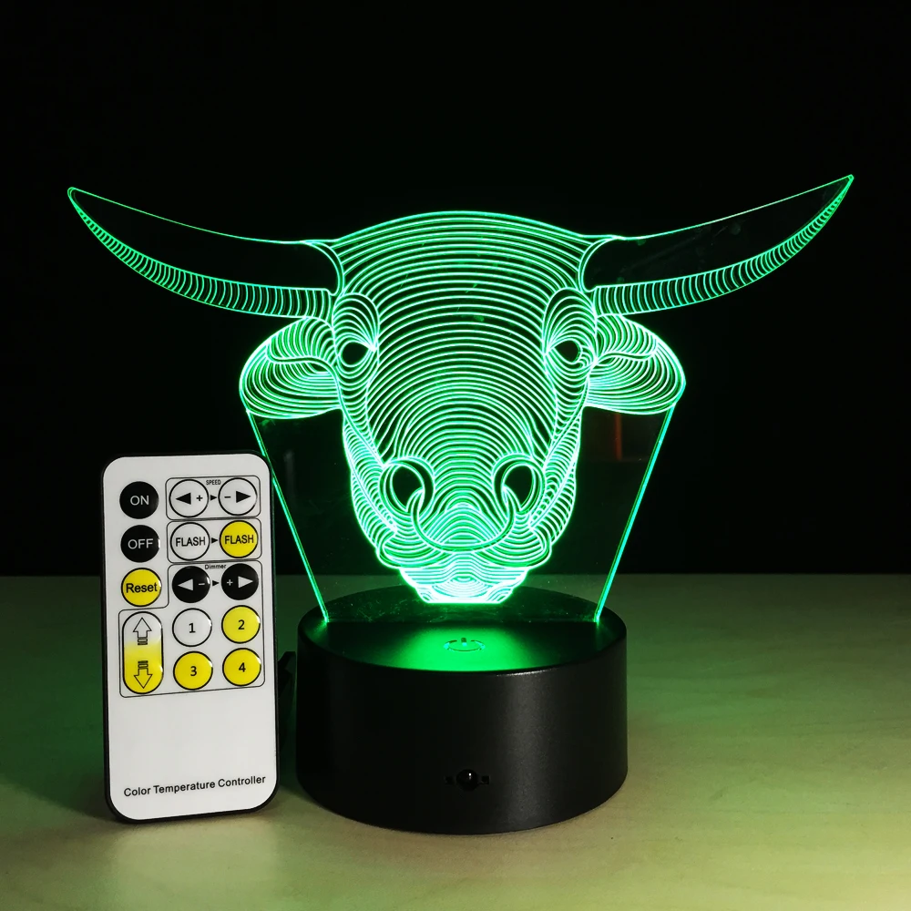 Светодиодная лампа с 3D рисунком животного быка корова USB 7 цветов|Ночники| |