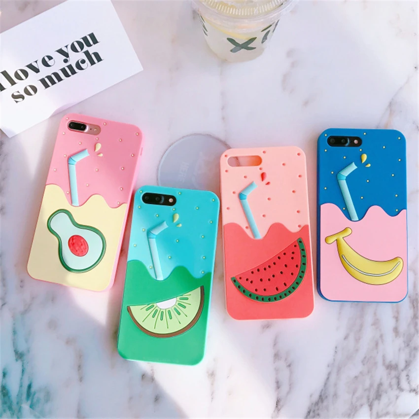 3D Carnoon банан арбуз напитки телефонные чехлы для iPhone 6 6S Plus фрукты сок Мягкая