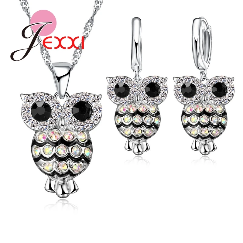 

Party Trendy Owl Design Girls Jewelry Sets Colorized Crystal Necklace Earrings 925 Sterling Silver Women Pendant Set