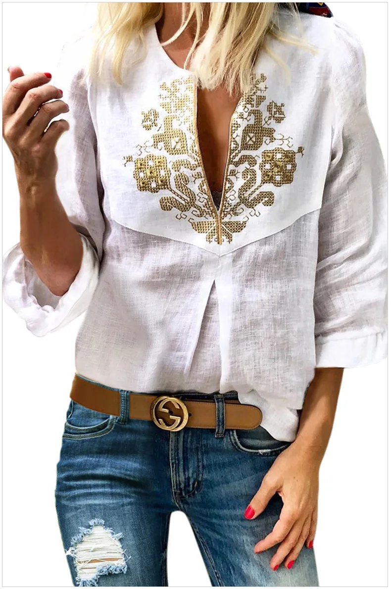 Boho вышитая V шеи 3/4 рукав Повседневная Блузка