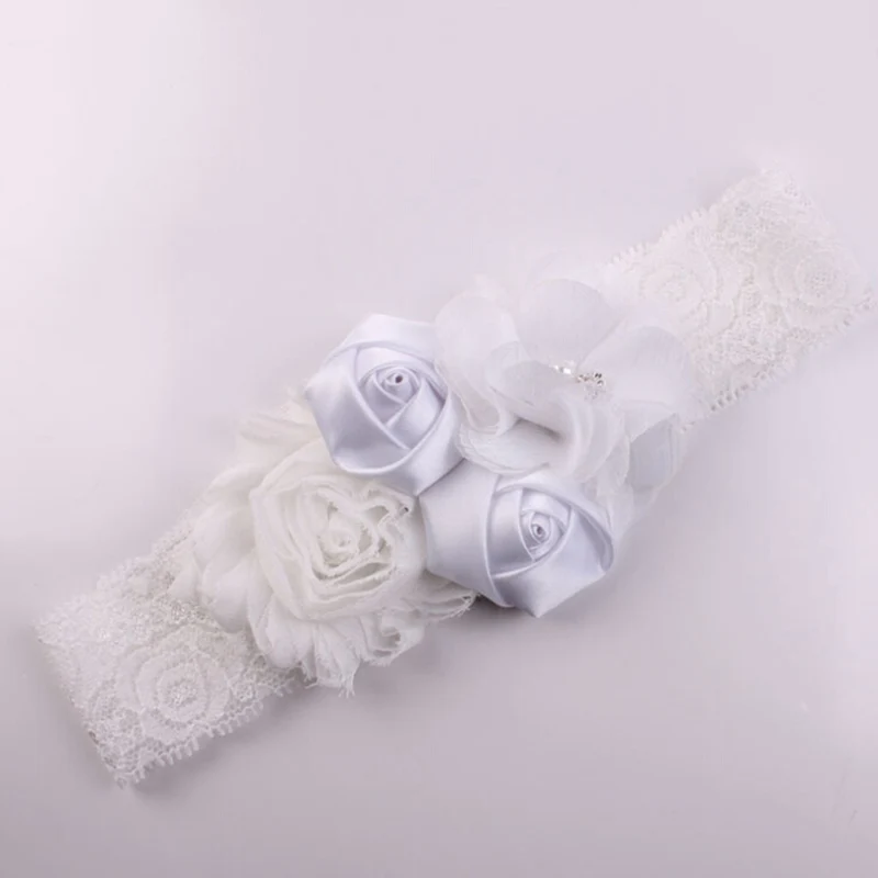 White Новые детские повязки микс 4 цветок жемчуг кружевные ленты бант для волос новорожденный детская повязка на голову с большим цветком для девочки аксессуары для волос реквизит для фото - Цвет: White