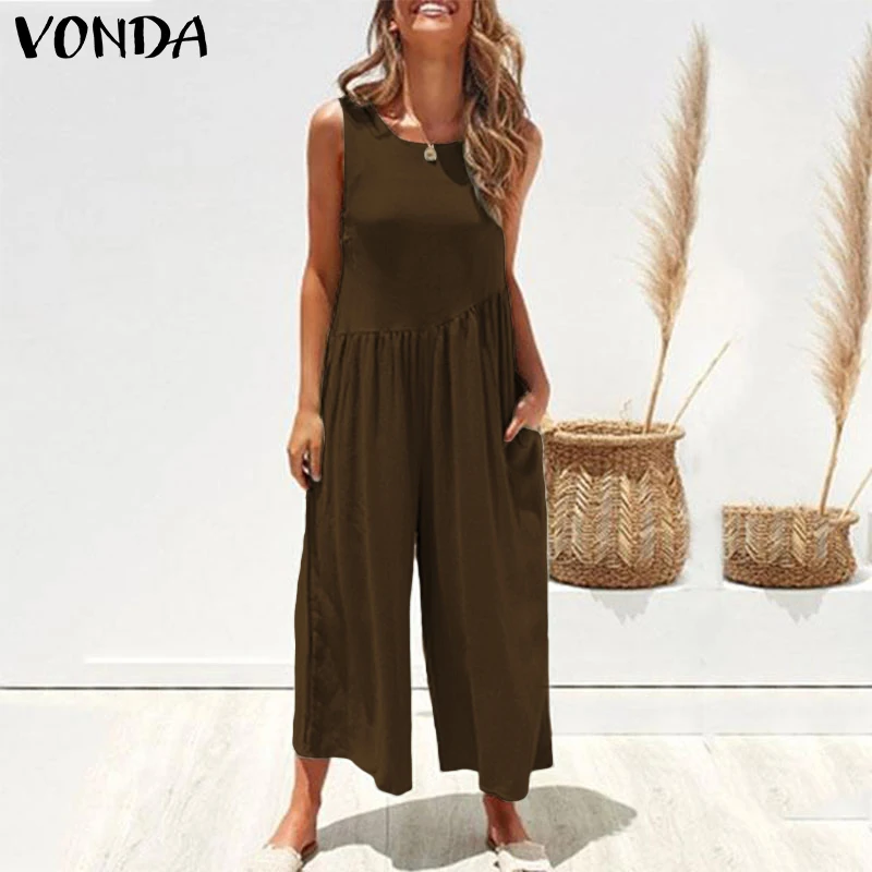 Женские комбинезоны VONDA, летние сексуальные однотонные Свободные Комбинезоны без рукавов, повседневные широкие длинные штаны, брюки