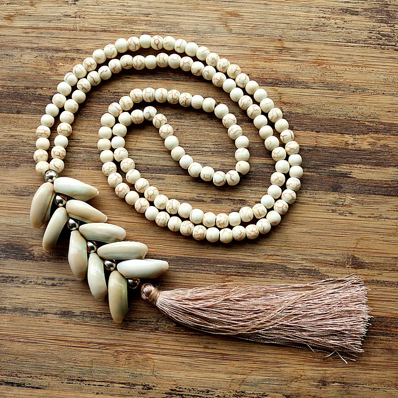 

6mm White stone bead necklace with handmade Natural shell tassel long necklace for women jewelry