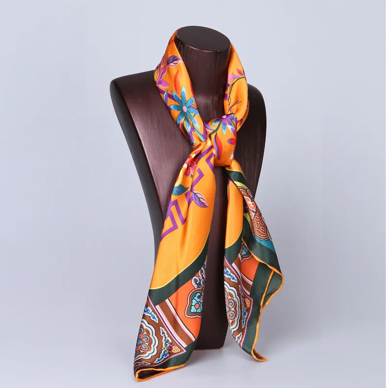 HA759 100% Mulbery Silk Satin Scarf Women 90cm Large Square Scarves Chinese National Floral Print Summer Sunscreen Wraps Foulard |