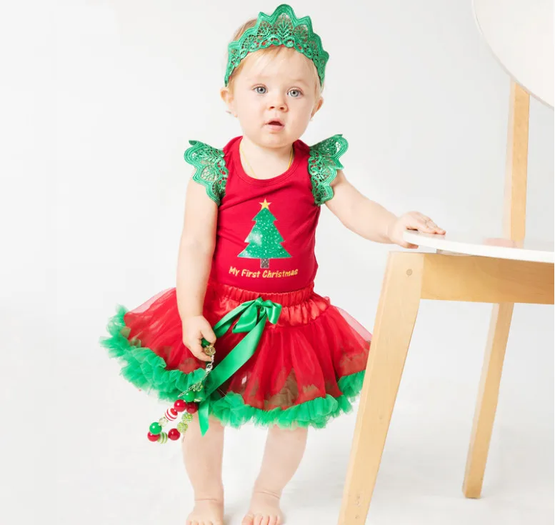 

Baby Girl First Xmas Costumes Fashion Christmas Tree Print Bodysuits+lace tutu skirts+headband 3 pcs Clothing Set Princess Gifts