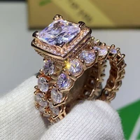 hot sale original new 2019 luxury jewelry 925 silverrose gold fill princess cut 5a cubic zirconia wedding bridal ring set gift