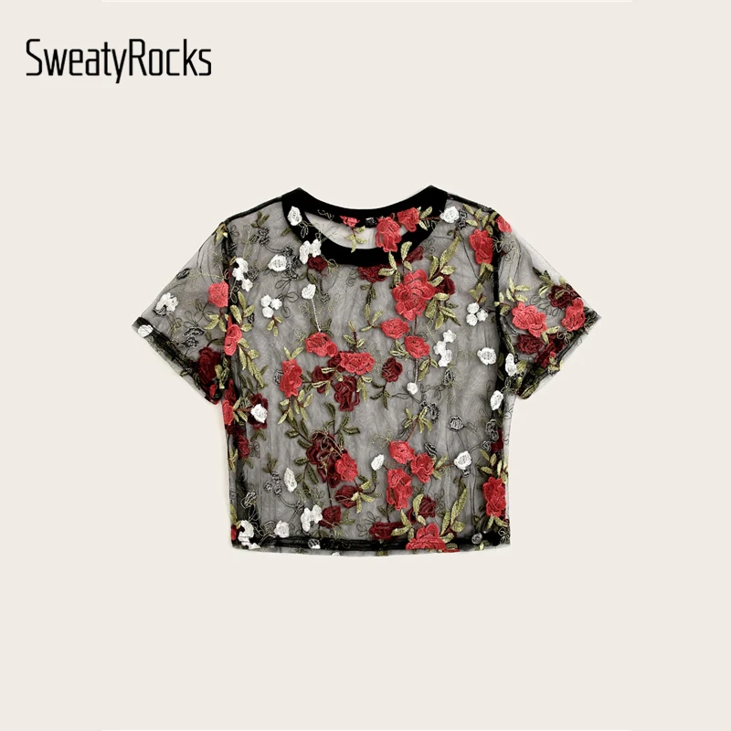 SweatyRocks Цветочный вышитый укороченный сетчатый топ с коротким рукавом и круглым вырезом, уличная одежда, сексуальные прозрачные топы, модные летние повседневные блузки