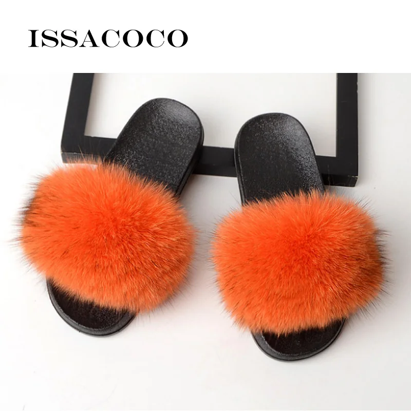 Orange ISSACOCO/летние женские меховые тапочки; женские шлепанцы из натурального Лисьего меха; Домашние меховые сандалии на плоской подошве; Женская милая пушистая домашняя обувь; вьетнамки - Цвет: Orange