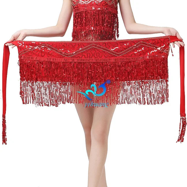 Red Костюм для танца живота, хип-шарф, вечерние топы с бахромой и блестками, юбка для танца живота, пояс для танца живота, хипшарф - Цвет: Red