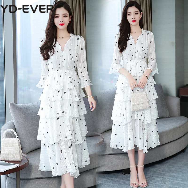 2019 летнее шифоновое платье Для женщин Flare рукавом V Neck Star Print ниспадающей оборкой
