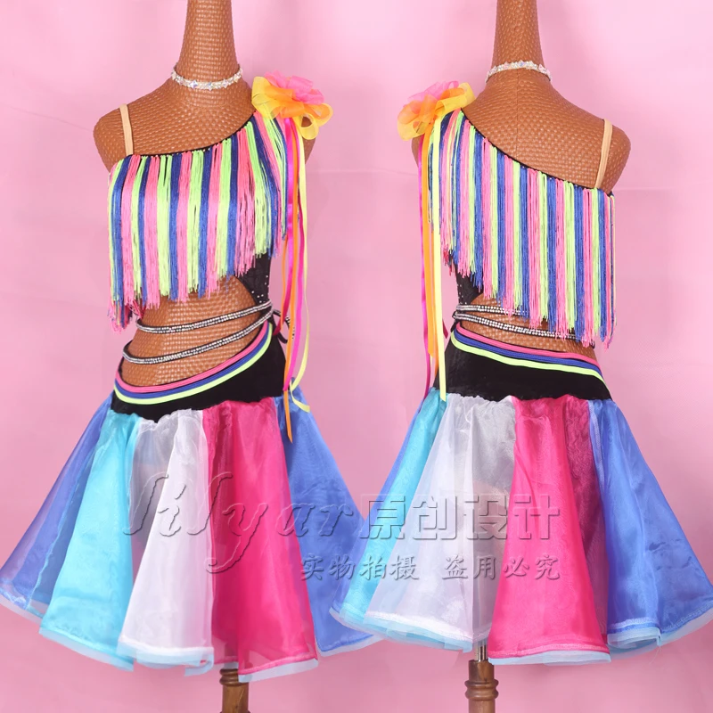 

New Kids Dresses For Girls/Women Colorful Fringe Dress Lace Dance Skirt Children Stage Costume Competition Latin Dresses VDB147