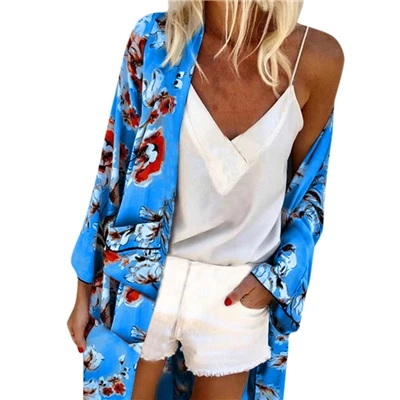 Длинное кимоно, женская блузка, модная, бохо, с принтом, солнцезащитная, прозрачная, свободная, летний кардиган, пляжная одежда, накидка, blusas Mujer - Цвет: Синий