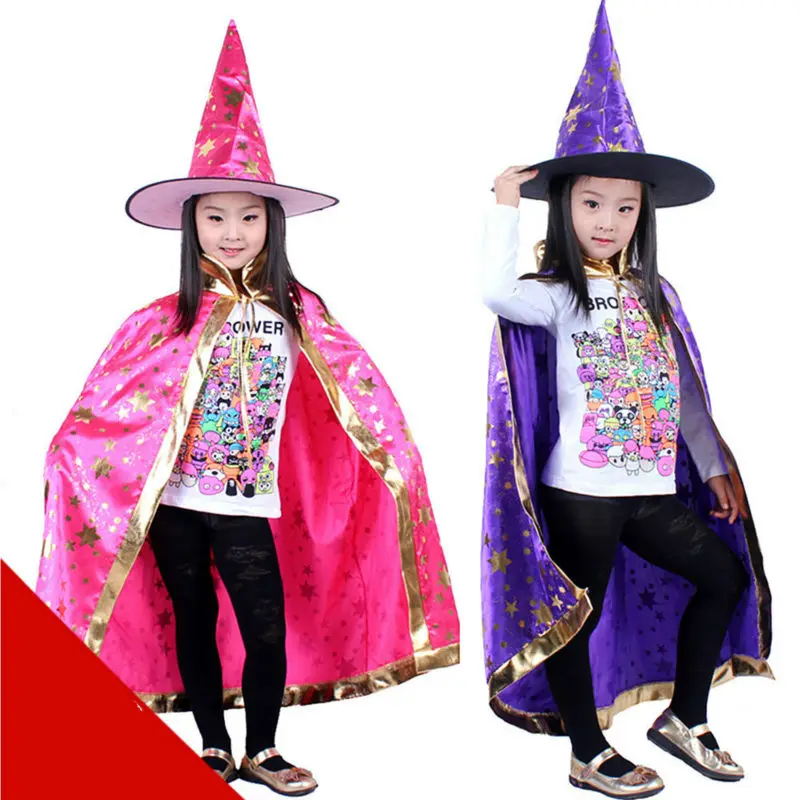 

130G Halloween party accessories Boys and girls cloak Witch Wizard Cloak Gown Robe and Hat Cap Stars Fancy Cosplay for Children