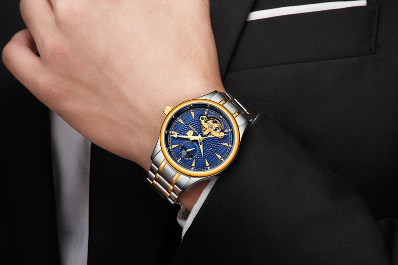 Tevise Топ бренд Moon Phase автоматические механические часы для мужчин s Tourbillon Скелет часы для мужчин нержавеющая сталь 24 часа часы T808B