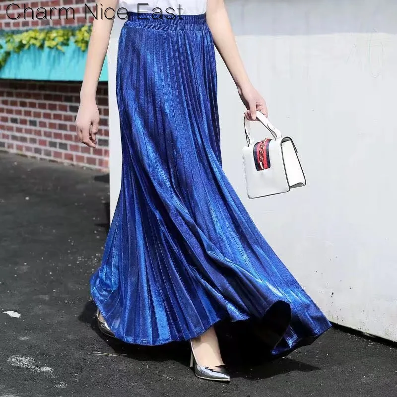 Золотой проволоки плиссированная юбка 2018 Новый осень зима средней длины тонкий